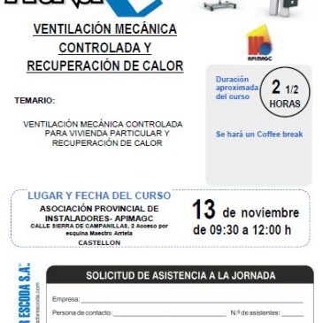 Curso de Formación Presencial sobre Ventilación. SALVADOR ESCODA. Jueves 13 de noviembre a las 09:30h en APIMAGC.